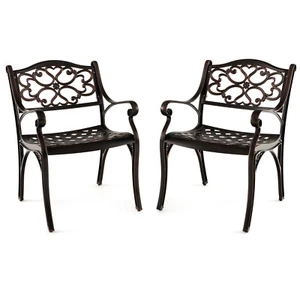 Cast Aluminum Patio Chairs Set of 2 Outdoor Dining with Armrests & Curved Seats - Picture 1 of 9