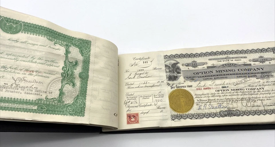 Libro certificado de acciones de Idaho Mining Option Company condado de Shoshone  Foto 1 de 4