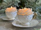 Aynsley Antique Crocus Shape Tea Cups & Saucers Gold Coral Handles DISPLAY ONLY!