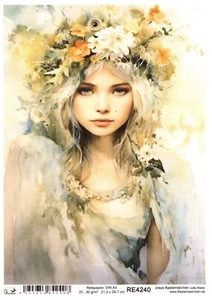 Papel de arroz A4 seda de paja reina elfo flores niña mujer hermoso retrato RE4240 - Imagen 1 de 1