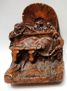 Antique Pressed Wood Book End "Covered Wagon" 6-1/2 x 5-1/4" x 2-1/2 - Picture 1 of 8