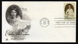 USA, SCOTT # 1436, ARTCRAFT FDC COVER OF 1971 EMILY DICKINSON, AMERICAN POET - Picture 1 of 1