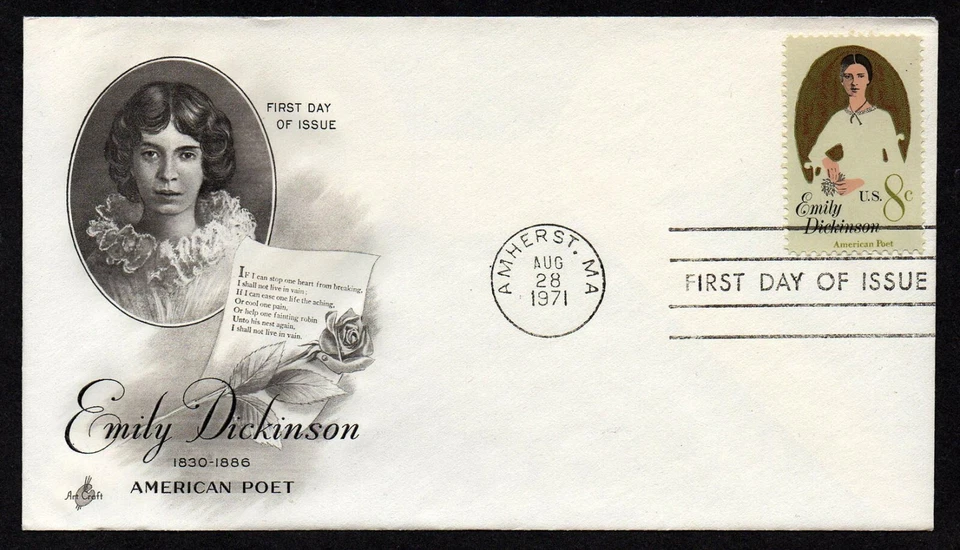 USA, SCOTT # 1436, ARTCRAFT FDC COVER OF 1971 EMILY DICKINSON, AMERICAN POET - Image 1 of 1