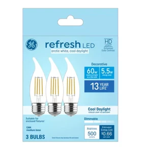 (3 bulbs) GE refresh LED cool white chandelier bulbs, 60 watt equivalent, 5.5 - Picture 1 of 5