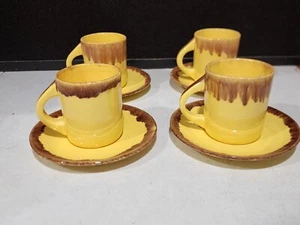 4- Vintage Jaska of California Cascade Ware CUP AND SAUCERS Yellow w Brown Drip - Picture 1 of 8