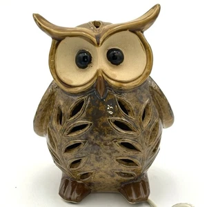 Ceramic Owl Lamp Nightlight Pottery Brown Glaze Works Vintage 70s Woodland - Picture 1 of 17