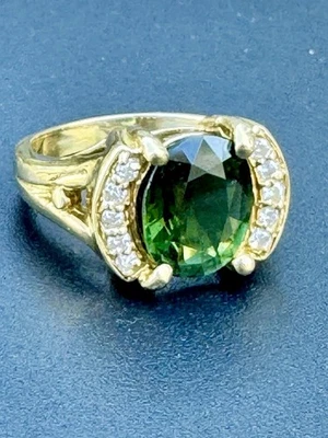 18K 7.93g Estate 2.5ct Gigantic Oval Tourmaline Diamond MCM Cocktail Ring Size 7 - Image 1 of 4
