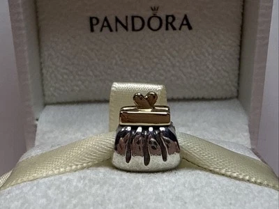 121A NIB AUTH PANDORA SS/14K TWO TONE PURSE CLUTCH CHARM #790475 RETIRED! - Image 1 of 4
