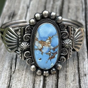 Leon Martinez Navajo Sterling Silver Golden Hills Turquoise Cuff Bracelet 6.25” - Picture 1 of 17