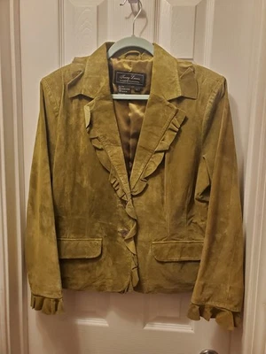 Terry Lewis Classic Luxuries Suede Jacket sz L Green Ruffles Whimsigoth Romantic - Image 1 of 4