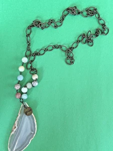 Agate Stone Pendant Necklace Grace Charm Slice Bead Chain Hippie Faith 38" Long - Picture 1 of 11