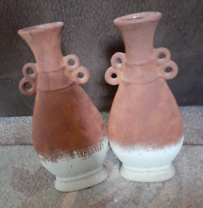 AT HOME TUSCAN VASES  Set Of 2 Textured Brown & Green 11" Tall  Handled