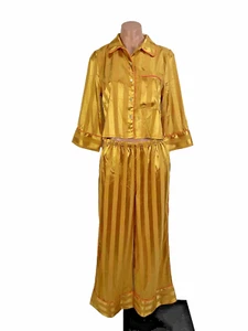 Free People Intimate gold gelb Streifen Satin Pyjama PJ Robin Set XS NEU Neu mit Etikett!! - Bild 1 von 20