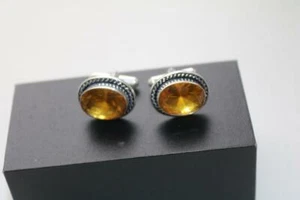 Very Nice Sterling 925 Silver Faceted Bezel Set Oval Orange Citrine Men Cufflink - Picture 1 of 5