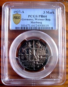 GERMANY, WEIMAR REPUBLIC - 3 MARK 1927 A KM# 53, PCGS PR64, MARBURG - Picture 1 of 4