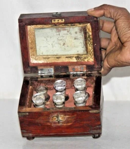 Vintage Wooden Handcrafted Brass Fitted Perfume Bottle Box With 6 Bottles - Picture 1 of 12