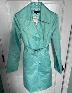 NWT Bebe Women's Blue Satin Trench Coat Single Breasted Belted Size XS - Picture 1 of 7