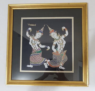 Vintage Matted Kinnara Thai Dancing Couple Silk Painting 8x18.5"Custom Framed  - Image 1 of 4