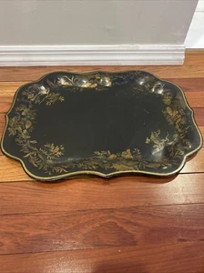 Antikes Toleware schwarz gold gewelltes Blumen Tablett 20”X15” - Bild 1 von 12