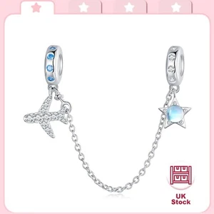 Authentic Sparkling Airplane and Star Safety Chain S925 Women Bracelet Charm - Picture 1 of 6