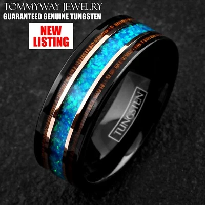 Anillo de boda de palo de rosa ópalo verde azulado/carburo de tungsteno de oro negro y rosa de 8 mm Foto 1 de 4