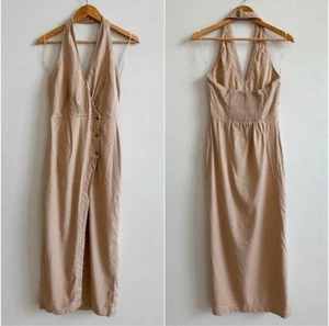 By Anthropologie Linen Halter V-Neck Wrap Column Midi Dress Tan Chic L $178 - Picture 1 of 24