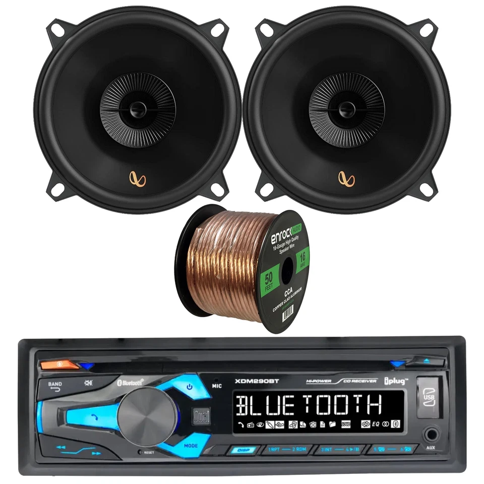 Receptor Reproductor de CD/MP3 Bluetooth Dual Single-DIN, 2x Altavoces 5.25" 120W, Cable Foto 1 de 4