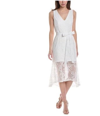 Adrianna Papell 女式蕾丝迷笛荷叶边连衣裙,白色,6 — 第 1/2 张图片