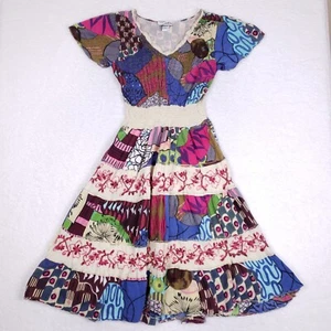 Signature Patchwork Boho Chic Midi Dress Small Multicolor Smocked Waist Festival - Picture 1 of 9