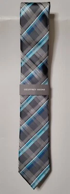 Gravata Geoffrey Beene masculina nova gola azul cinza branco xadrez geométrico 57,5" clássica - Imagem 1 de 4