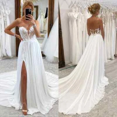 Vestidos de novia de gasa sin tirantes con abertura sin espalda tren de barrido vestidos de novia Foto 1 de 4