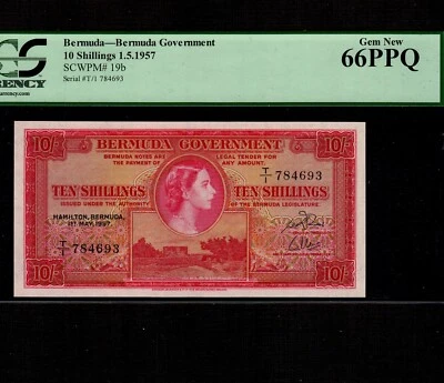 Bermuda 10 Shillings 1957 P-19b * PCGS Gem Unc 66 PPQ * Queen Elizabeth * - Image 1 of 2