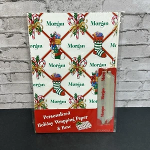 Holiday Red Christmas Wrapping Paper & Pull Bow Personalized MORGAN Stravina NOS - Picture 1 of 8