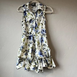 Vintage Y2K Bubble Hem Floral Dress Fairy Button Collared Blue Rose Boho Preppy - Picture 1 of 6