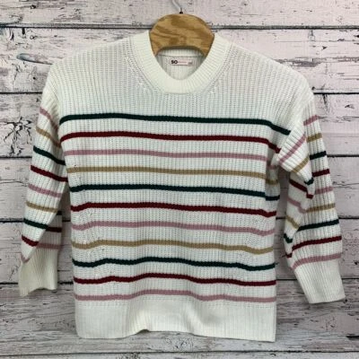 SO Striped Chunky Knit Sweater Cozy Ribbed Pullover Winter Casual White [Size L] - Image 1 of 4