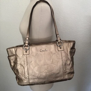Authentic COACH Metallic Gold East West Embossed Signature Leather Tote Bag - Picture 1 of 8