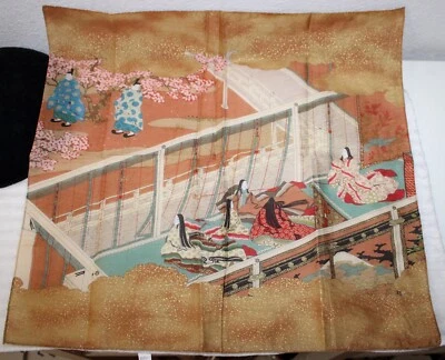 Pañuelo pintado a mano asiático mujer hombre multicolor con ribete dorado vintage Foto 1 de 4