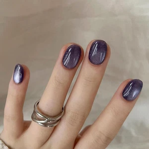 Cat Eyes Press on Nails,24 PCS Purple Glitter False Nails Glossy Short Fake N... - Picture 1 of 12