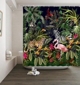 Rainforest Animal Shower Curtain Tropical Jungle Forest Leopard Flamingo Zebr... - Picture 1 of 12