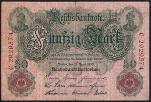 Germany 50 Mark 1910 Vintage Old Paper Money Banknote Currency Note Pick 41 F - Picture 1 of 2