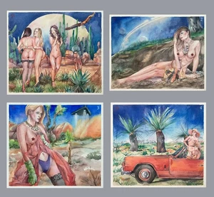 Set of 4 original paintings aquarelle girls woman retro fantasy space - Picture 1 of 9