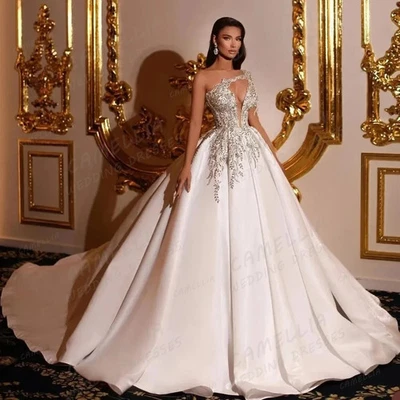 Gentle Wedding Dresses Women's A Line Appliques Satin One Shoulder Bridal Gowns - Image 1 of 4