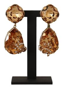 DOLCE & GABBANA Earrings Gold Clip-On Dangling Brass Yellow Crystals RRP $700