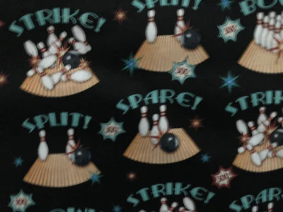 RETRO BOWLING PINS BALLS STRIKE SPARE BLACK DIGITAL PRINT COTTON FABRIC FQ - Image 1 of 4