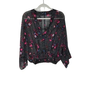 Express Blouse Polk Dot Floral Black Sheer Kimo Sleeve Lace Up Front XS New - Picture 1 of 11