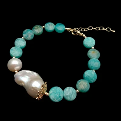 Cultured White Keshi Pearl Natural Peruvian Amazonite Coin Shape Beaded Bracelet - Image 1 of 4