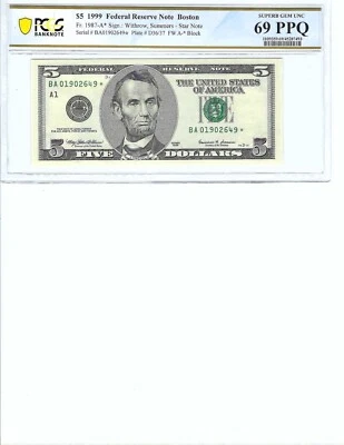 1999 $5 FRN FR1987-A* PCGS Bnk 69 PPQ, Boston * Note S/N A01902649*!!! - Image 1 of 2