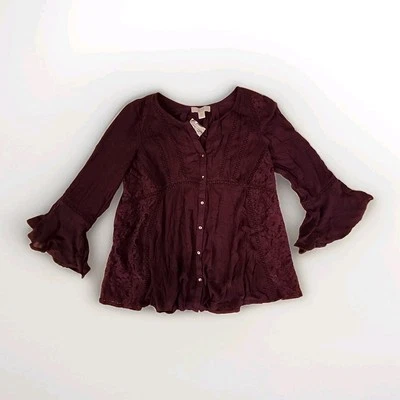 NUEVO Top Campesino Azul América De Colección Talla L Bordado Acentos de Encaje Borgoña Nuevo con Etiquetas Foto 1 de 4