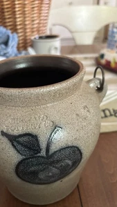Buffalo Pottery Co Salt Glazed Pot Crock Wood Handle Fruit Antique Vase Peach - Picture 1 of 4