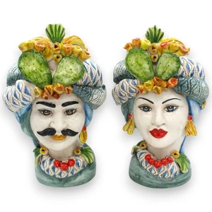 Teste di Moro Siciliane (coppia) h 30 cm ca. Caltagirone, Turbante e Pala di Fic - Photo 1/1